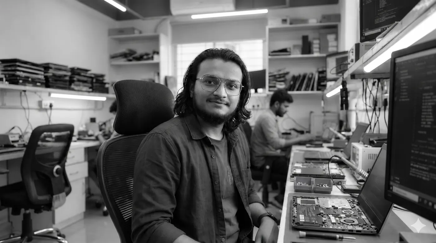 Muhammed Ajmal P at a laptop repair bench with an open laptop motherboard