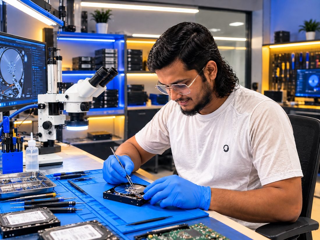 Muhammed Ajmal P repairing a hard drive at his bench